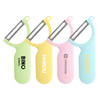 A set of four peelers in green, yellow, pink, and blue, each with a logo on the handle.