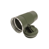 A stainless steel travel coffee mug in olive green with a silver rim and a flip-top lid. It features a textured grip.