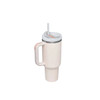 A drink bottle in cream with a grey lid and straw, featuring a handle and a logo.