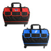 A wheeled tool bag featuring a red and black design with multiple pockets, and another in blue and black, both with logos.