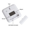 A digital kitchen timer in white featuring a hook, magnet, and bracket, with a compartment for an AAA battery.