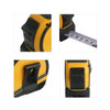 A tape measure in yellow and black, featuring a retractable measuring tape and a locking mechanism.