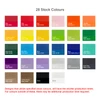 A grid displaying 28 stock colours for products, including shades like red, orange, green, and blue, along with their colour codes.