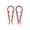 A multi-purpose jar opener with a red and grey grip, featuring a unique ergonomic design. It has a logo.