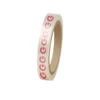 A roll of transparent BOPP packing tape featuring repeated red logos, with a cardboard core.