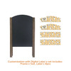 A wooden A-frame chalkboard with a smooth black surface and four decorative label strips in a light colour.