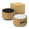 A bamboo Bluetooth speaker with a round design, featuring black and white speaker fronts, alongside a simple brown box.