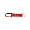 A red carabiner keyring featuring a metal clip and a fabric strap with a ring attachment. It has a logo.