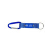 A blue carabiner keyring attached to a fabric strap, featuring a blue logo.