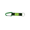 A green carabiner keyring attached to a green strap with a metallic ring and a branding label.