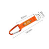 An orange carabiner keyring with a fabric strap and a circular keyring attachment. It features branding.
