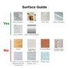 A surface guide featuring various materials, divided into 'Yes' and 'No' categories, with images of different textures.