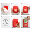 A red Shower Stubby Holder with step-by-step instructions and a logo. It shows hands applying a protective film.
