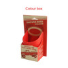 A red shower beer holder displayed in a colourful box, featuring a logo and packaging design.
