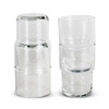 A set of clear glass tumblers stacked together, featuring a sleek and modern design. Each tumbler has a smooth finish.
