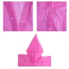 A pink reusable raincoat with a hood, featuring snap buttons and drawstring, designed for kids. Includes branding.