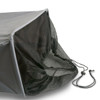 A grey laundry basket with a mesh section and drawstring closure, featuring wheels for easy transport.
