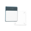 A sleek white and silver power bank with a digital display. It has a smooth finish and rounded edges.