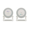 A wireless charger night light in white and grey, featuring a stand and two branding logos.
