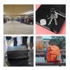 A collection of four images featuring a parking garage, keys attached to a locator tag, a silver suitcase, and an orange backpack.