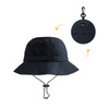 A foldable bucket hat in navy blue with a branding logo and a convenient clip for attachment.