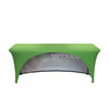 A green stretch table cover with an open back, fitting a 4ft table, featuring a logo on the back.