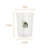 A translucent plastic stadium cup in clear with dimensions displayed, featuring a logo.