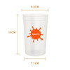 A translucent plastic stadium cup in clear with an orange splash design. Measures 14cm in height and 9.3cm in diameter.