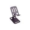 A foldable metal mobile phone stand in dark colour, featuring a sturdy base and adjustable viewing angles.