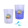 A drink cup featuring a logo, transitioning from clear to blue when filled, made from plastic.