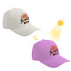 A colour changing baseball cap in white that transforms to pink in sunlight, featuring a logo on the front.