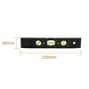 A black magnetic torpedo level with three bubble vials, measuring 230mm in length and 38mm in height.