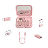 A pink charging data cable kit includes various connectors and a mirror inside a compact case.