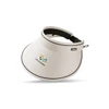 A wide-brim sun visor hat in white, featuring a logo on the front and a black adjustable strap.