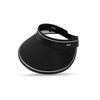 A black wide brim sun visor hat with a light trim and an adjustable strap. It features a logo on the band.