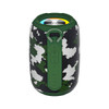 A green camo outdoor Bluetooth speaker with a light ring and various input options on the side, featuring a logo.