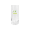 A clear beer glass with a simple logo featuring green leaves and text.