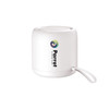 A portable waterproof Bluetooth speaker in white, featuring a logo and a convenient handle for easy carrying.
