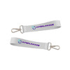 A white sublimation keyring with metal clips and a branding logo.