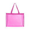 A pink transparent mesh tote bag with two handles, featuring an open design and no visible contents.