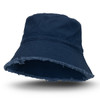A navy blue raw edge bucket hat featuring a frayed brim and a simple logo.