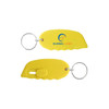 A yellow mini cutter keyring with a silver keyring attachment and a branded logo.