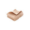 A folded beige cotton hand towel with a textured surface, featuring a logo on the side.