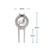 A metal golfers divot repair tool with a circular ball marker, featuring a logo and measuring 80mm by 35mm.