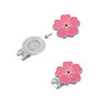 A custom soft enamel golf ball marker in pink, featuring a flower design with a silver attachment.