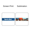 A sports belt with a blue band featuring a design, showcasing two printing methods: screen print and sublimation.