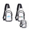 A clear PVC crossbody backpack with black straps, featuring a logo on the front and a small section showing contents.