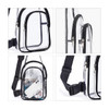 Clear PVC crossbody backpack featuring a transparent design with black zippers and adjustable straps. Includes a logo.