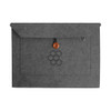 A grey felt laptop bag with a button closure and an exterior pocket, featuring a logo design.