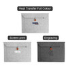 A grey felt laptop bag featuring a flap closure and a wooden button, with options for customisation.